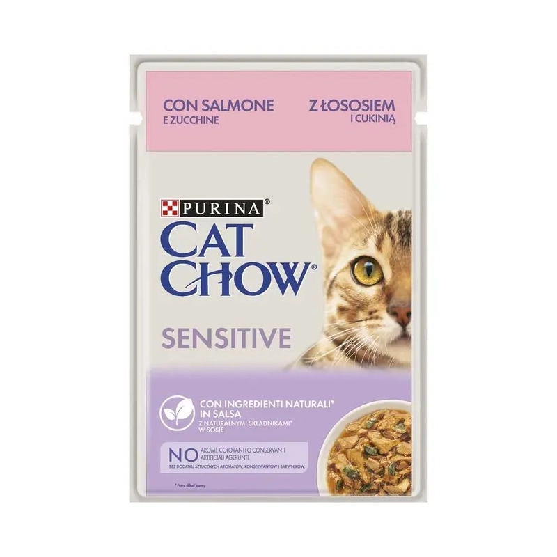 Cat Chow Sensitive влажный корм для кошек с чувствительным пищеварением 85 г - с лососем и цукини в желе (8445290426574) 