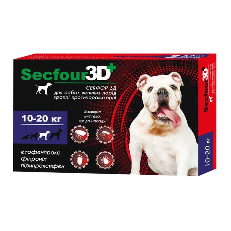 Secfour 3D краплі для собак 2 мл/1 піпетка - від бліх і кліщів, 10-20 кг (4820150207496) 
