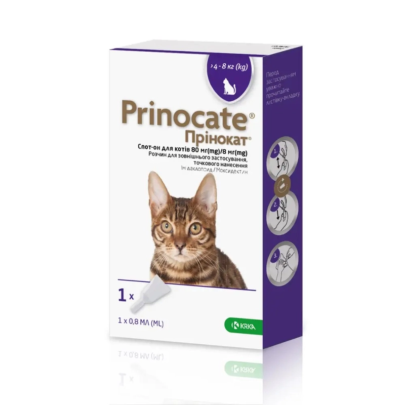 Prinocate Spot-On краплі для котів 0.8 мл/1 піпетка - від бліх і кліщів, 4-8 кг (3838989720728) 