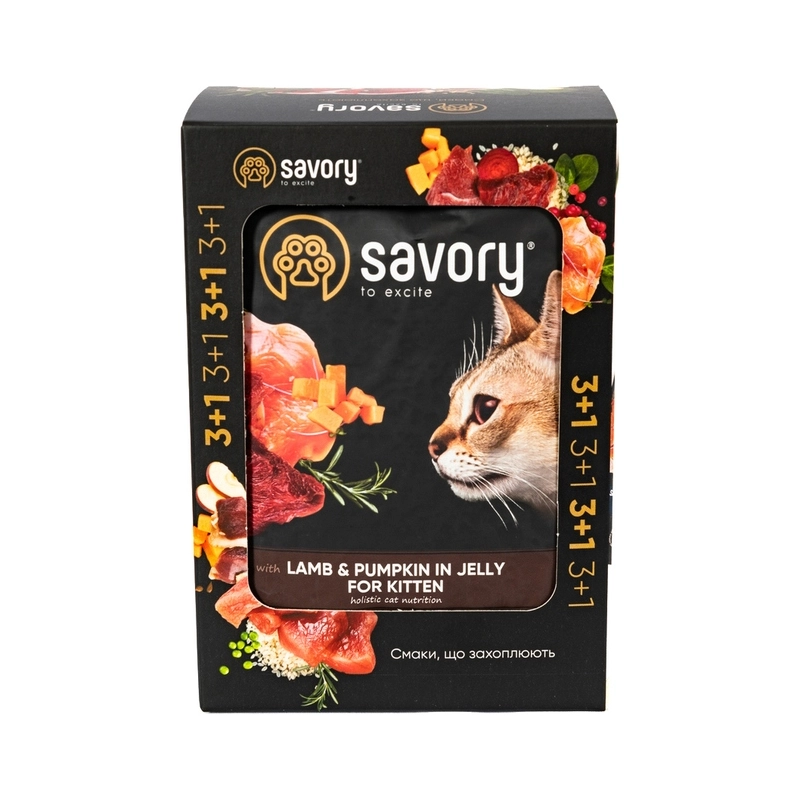 Savory Kitten 3+1 влажный корм для кошек 85 г - с бараниной и тыквой в желе (2700000032824)  - фото 1
