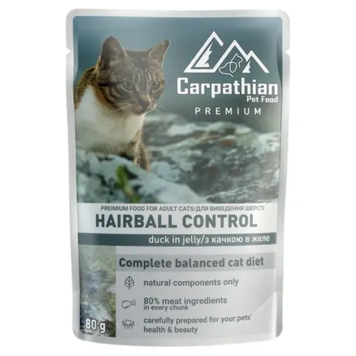 Carpathian Pet Food Hairball Control ВОЛОГИЙ КОРМ Premium коти (виведення шерсті з качкою в желе) 80г