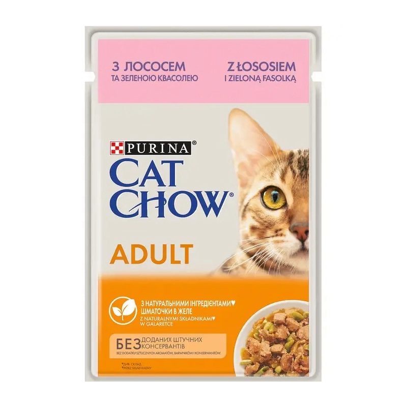 Cat Chow Adult влажный корм для кошек 85 г - с лососем и зеленой фасолью в желе (7613036595063) 