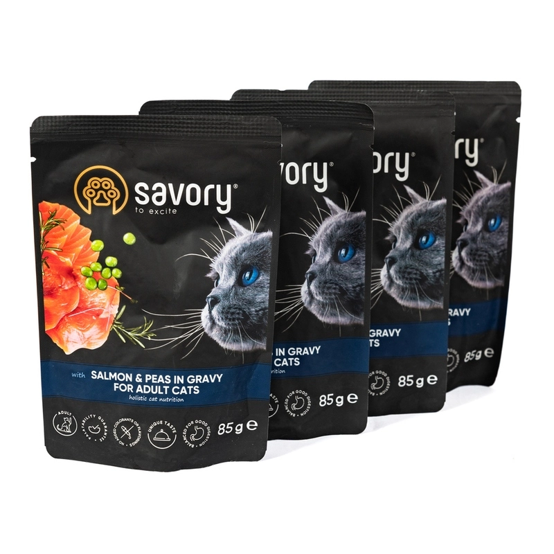 Savory 3+1 For Adult Cats ВОЛОГИЙ КОРМ Холістік коти (з лососем та горохом) 85 г  - фото 3