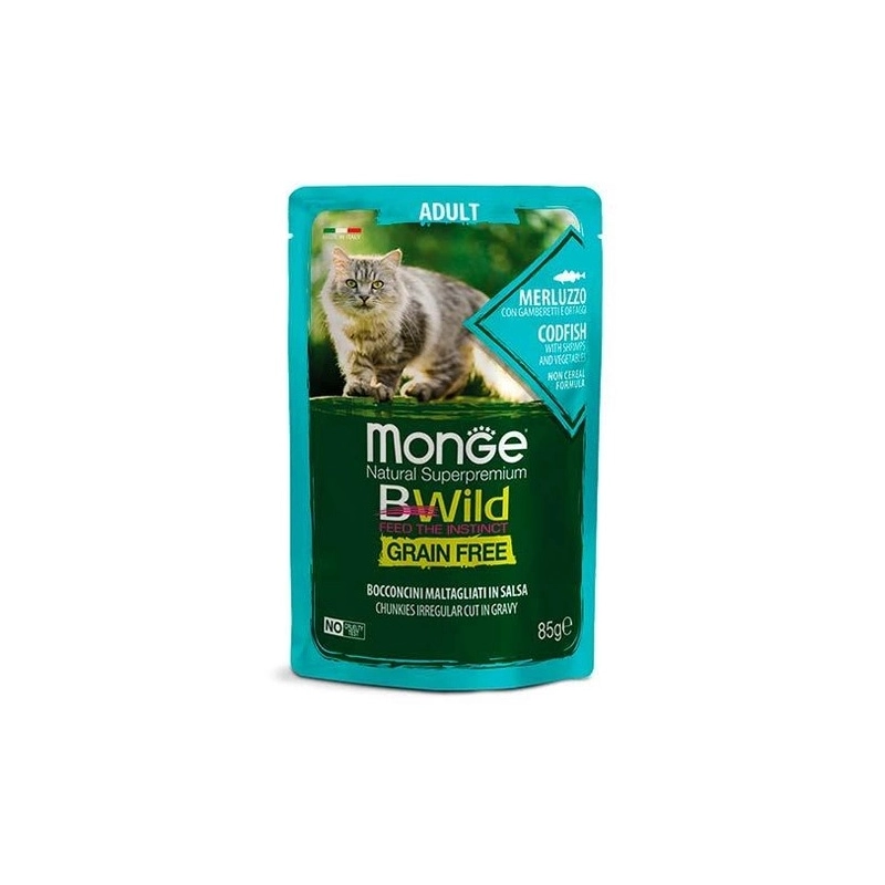 Monge Bwild Grain Free влажный корм для кошек 85 г - с треской, креветками и овощами (8009470012768) 