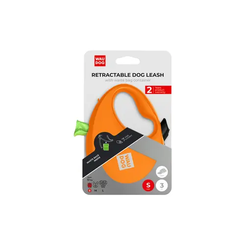 WAUDOG R-leash повідець-рулетка світловідбиваюча для собак S - до 12 кг, з контейнером для пакетів, помаранчевий (4823089360393)