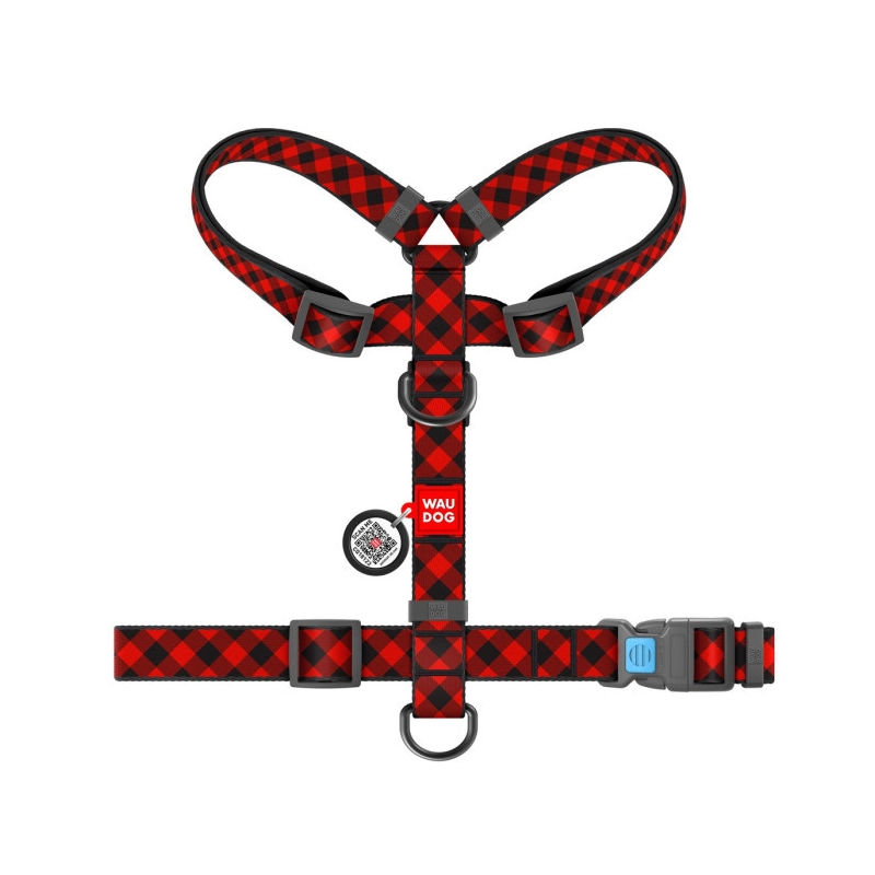 WAUDOG Nylon H-подібна шлея для собак M - з QR-паспортом, з малюнком Шотландка червона, нейлонова (4823089334561)  - фото 1