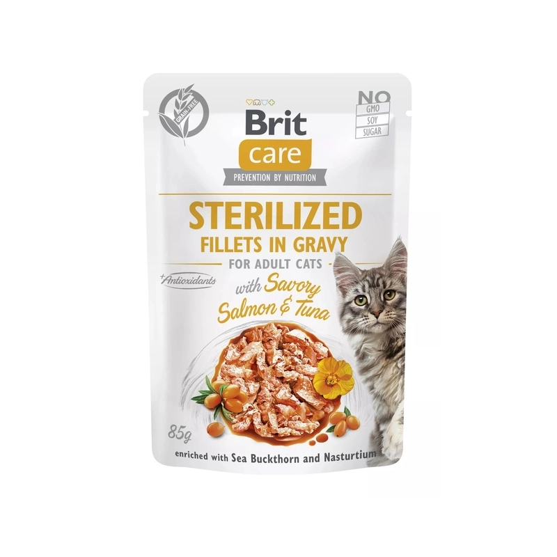 Brit Care Sterilized Fillets in Gravy ВОЛОГИЙ КОРМ Супер-преміум коти (тунець і лосось) 85 г 