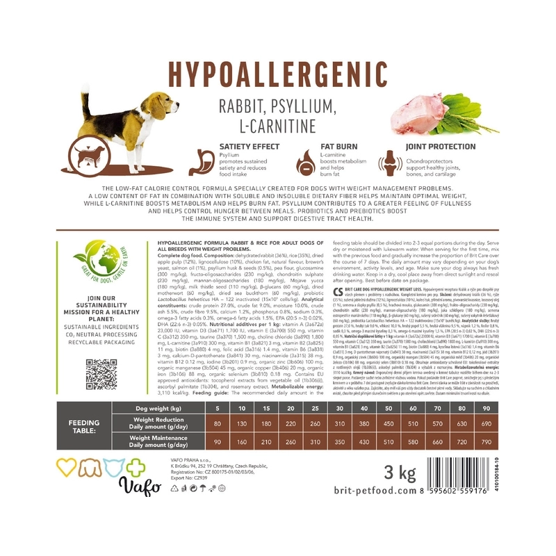 Brit Care Hypoallergenic WEIGHT LOSS СУХИЙ КОРМ Супер-преміум собаки (з кроликом) 1 кг  - фото 3