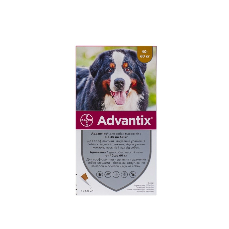 Bayer Advantix краплі для собак 1 мл/піпетка - від бліх та кліщів, 40-60 кг (4007221048947)  - фото 2