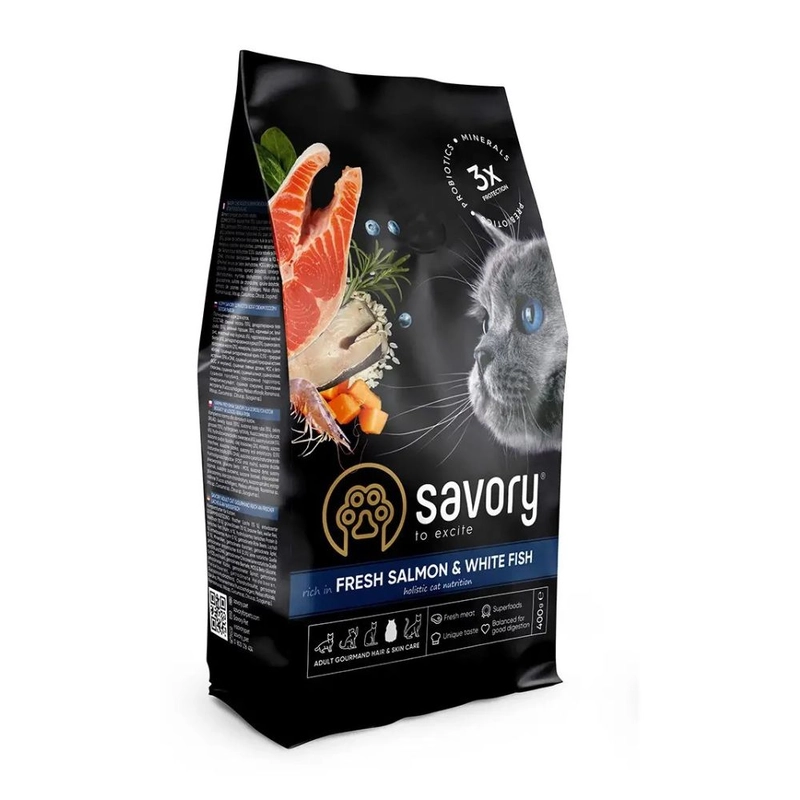 Savory Adult Gourmand сухий корм для котів для довгошерстих 400 г - з лососем та білою рибою (4820232630013) 