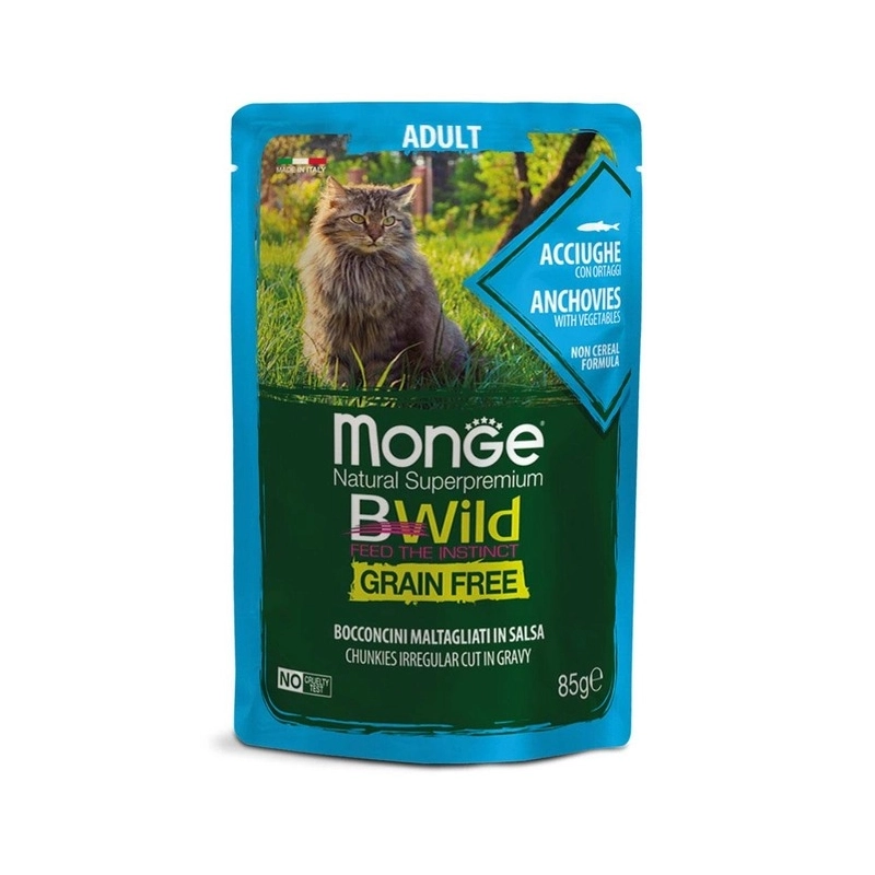 Monge Bwild GF Adult ВОЛОГИЙ КОРМ Супер-преміум коти (з анчоусами та овочами) 85 г 
