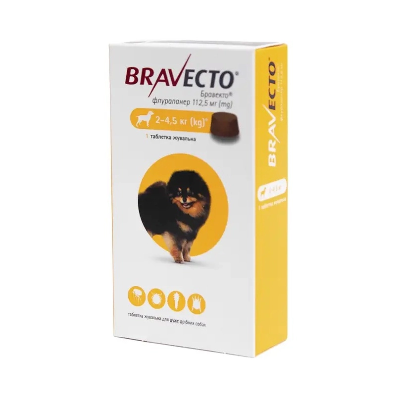 BraVecto таблетки для собак 112.5 мг/1 таблетка - від бліх і кліщів, 2-4.5 кг 