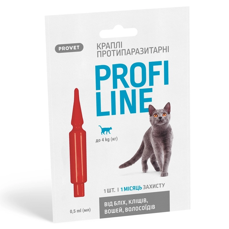PROVET Profiline краплі для котів 0.5 мл/1 піпетка - від бліх і кліщів, до 4 кг (4823082409884) 
