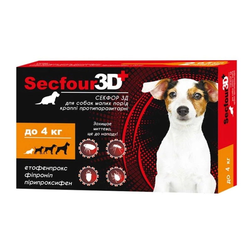 Secfour 3D краплі для собак 0.5 мл/1 піпетка - від бліх і кліщів, до 4 кг (4820150207465) 