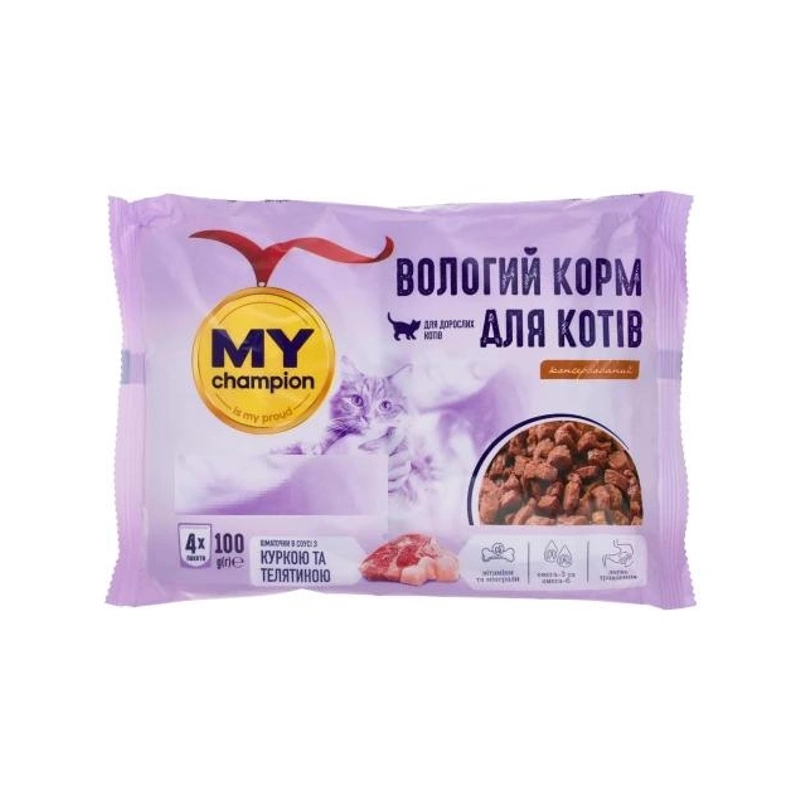 Мой Чемпион влажный корм для кошек 100 г - кусочки в соусе с курицей и телятиной (4820224502625) 