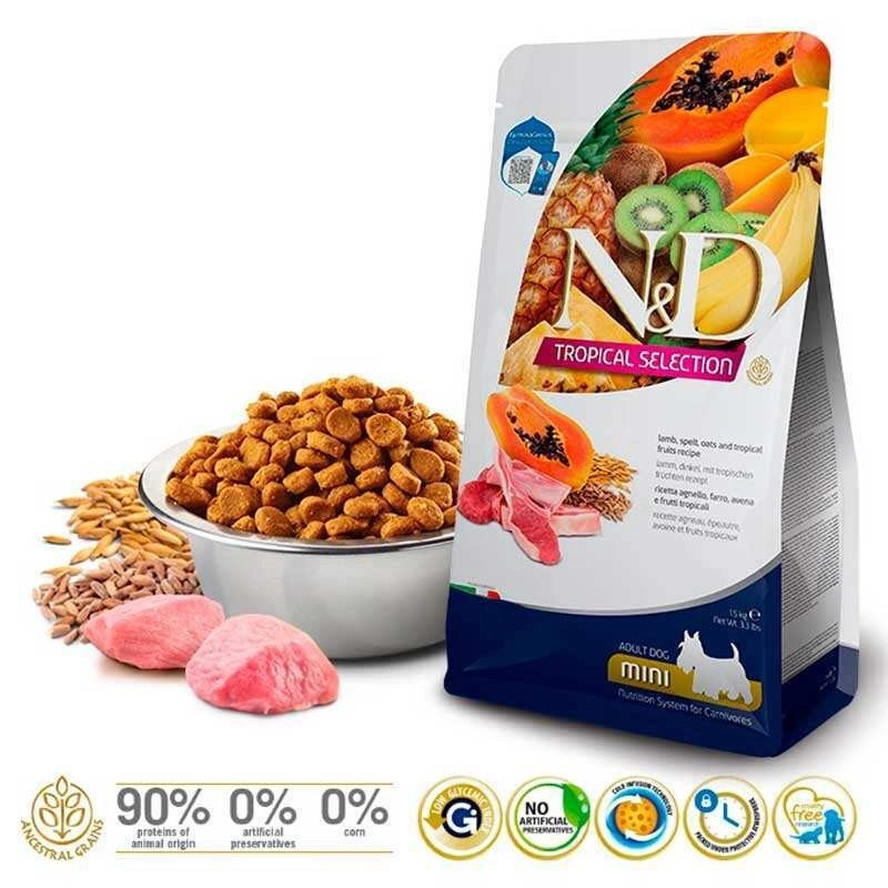 Farmina N&D ADULT MINI TROPICAL SELECTION LAMB СУХИЙ КОРМ Холістік собаки дрібних порід (з ягням та тропічними фруктами) 1.5 кг  - фото 1