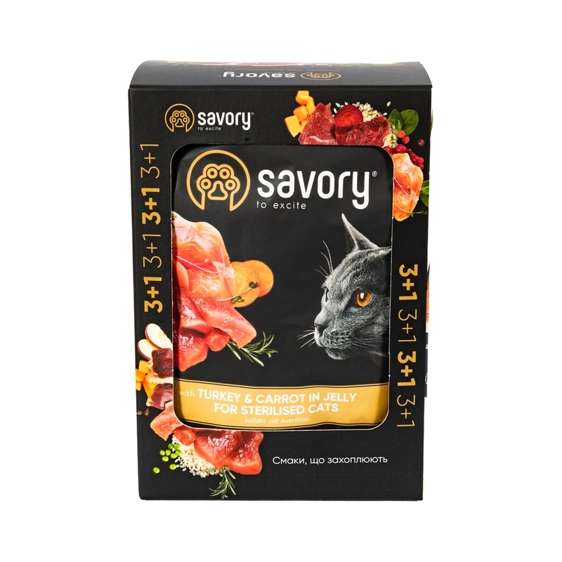 Savory Sterilised влажный корм для стерилизованных кошек 85 г - с индейкой и морковью в желе (2700000040522)  - фото 1