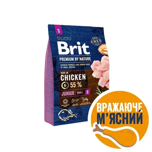 Brit Premium by Nature JUNIOR S сухий корм для молодих собак дрібних порід (1-10 кг) 3 кг - з куркою