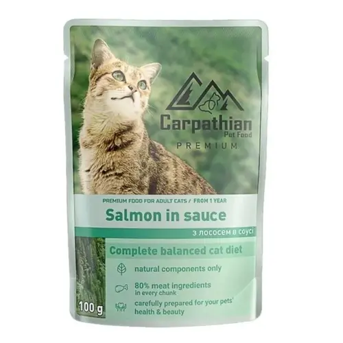Carpathian Pet Food Salmon in sauce ВОЛОГИЙ КОРМ Premium коти (з лососем в соусі) 100 г