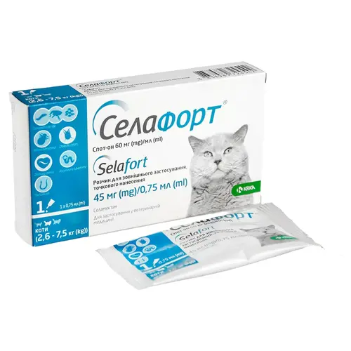 KRKA СелаФорт Spot-On краплі для котів та собак 45 мг-0.75 мл/1 піпетка - від бліх і кліщів, 2.6-7.5 кг (3838989724542)