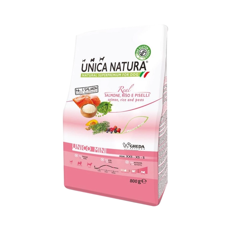 Unica Natura UNICO MINI Salmon, Rice and Peas СУХИЙ КОРМ Холістік собаки дрібних порід (з лососем, рисом та горохом) 800 г 