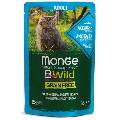 Monge Bwild GF Adult ВОЛОГИЙ КОРМ Супер-преміум коти (з анчоусами та овочами) 85 г