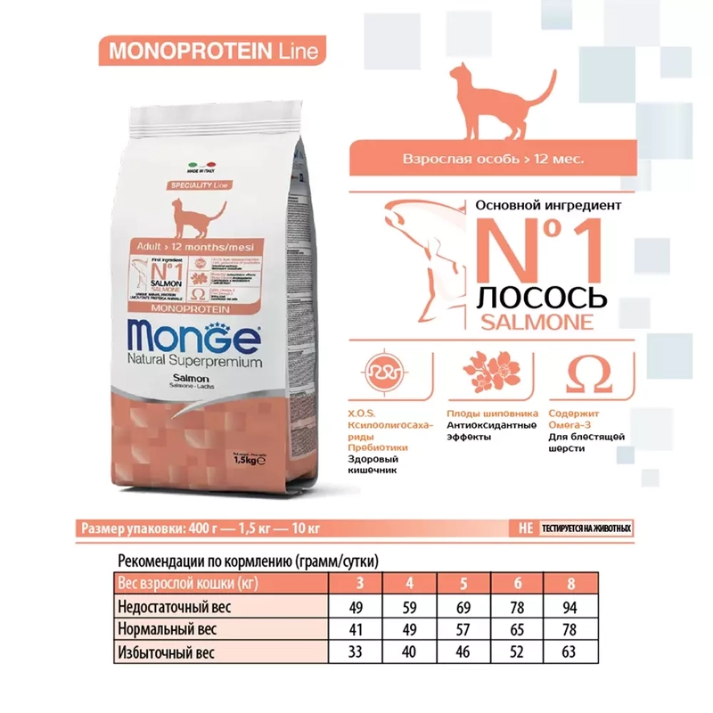 Monge Monoprotein Salmon Adult Natural СУХИЙ КОРМ Супер-преміум коти (з лососем) 1.5 кг  - фото 3