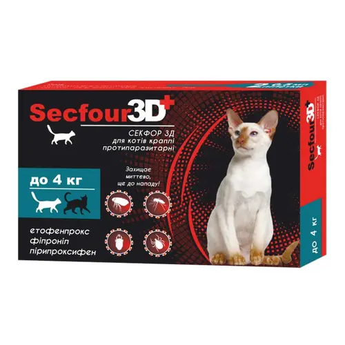 Secfour 3D краплі для котів 0.5 мл/1 піпетка - від бліх і кліщів, до 4 кг (4820150207458)