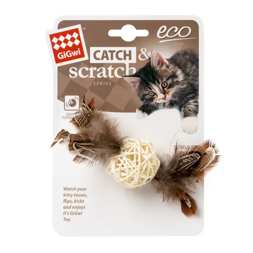 GiGwi Catch & Scratch Плетений м'яч з дзвіночком і пір'ям іграшка для котів 13 см (4823089351469)