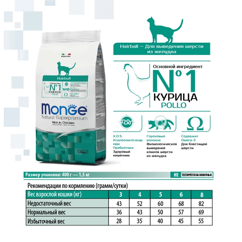Monge Hairball Chicken Natural сухий корм для котів для виведення шерсті 400 г - з куркою (8009470005227)  - фото 3