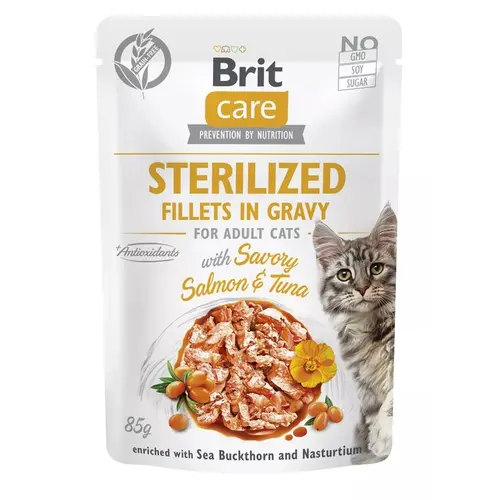 Brit Care Sterilized Fillets in Gravy ВОЛОГИЙ КОРМ Супер-преміум коти (тунець і лосось) 85 г