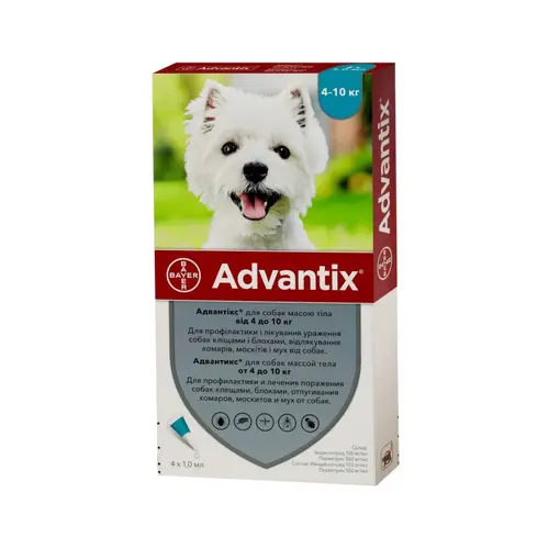 Bayer Advantix краплі для собак 1 мл/піпетка - від бліх, кліщів і комарів, 4-10 кг (4007221047230)