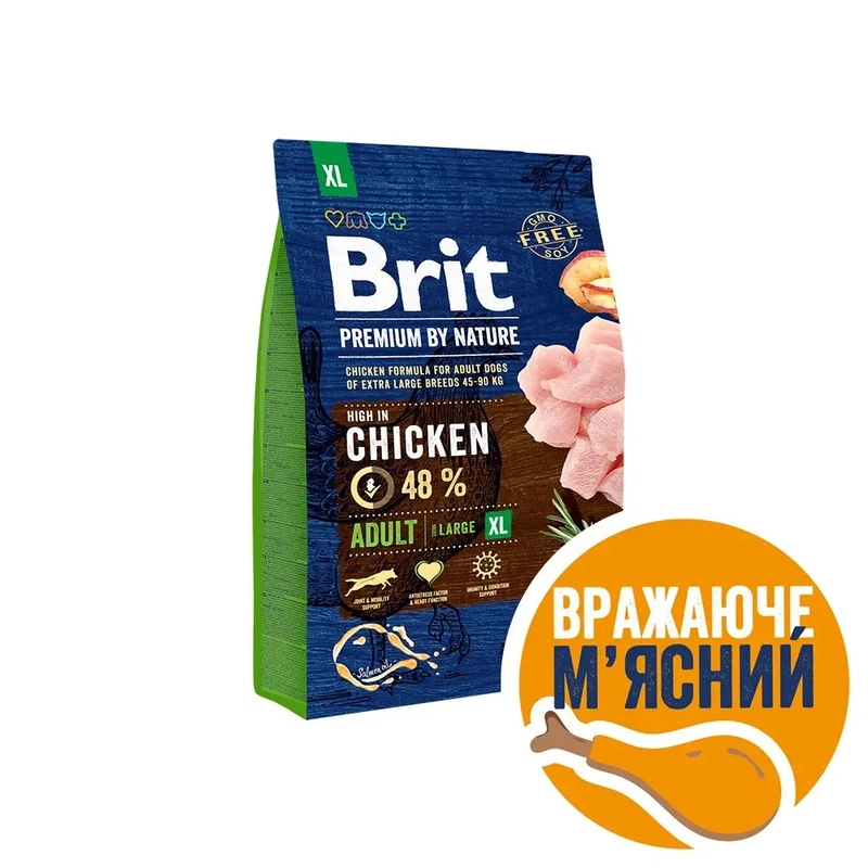 Brit Premium by Nature ADULT XL сухий корм для дорослих собак гігантських порід (45-90 кг) 3 кг - з куркою (8595602526512) 