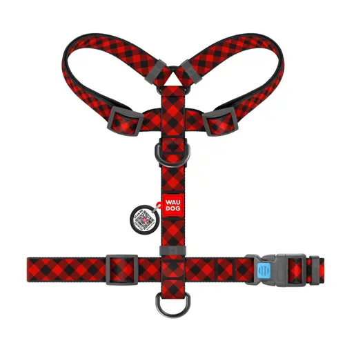WAUDOG Nylon H-подібна шлея для собак M - з QR-паспортом, з малюнком Шотландка червона, нейлонова (4823089334561)