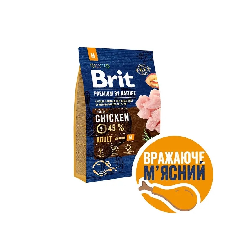 Brit Premium by Nature ADULT M сухой корм для собак для средних пород 3 кг - с курицей (8595602526352) 