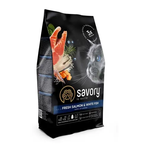 Savory Adult Gourmand сухий корм для котів для довгошерстих 400 г - з лососем та білою рибою (4820232630013)