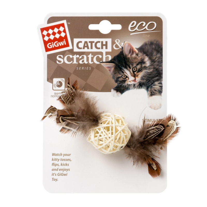 GiGwi Catch & Scratch Плетений м'яч з дзвіночком і пір'ям іграшка для котів 13 см (4823089351469) 