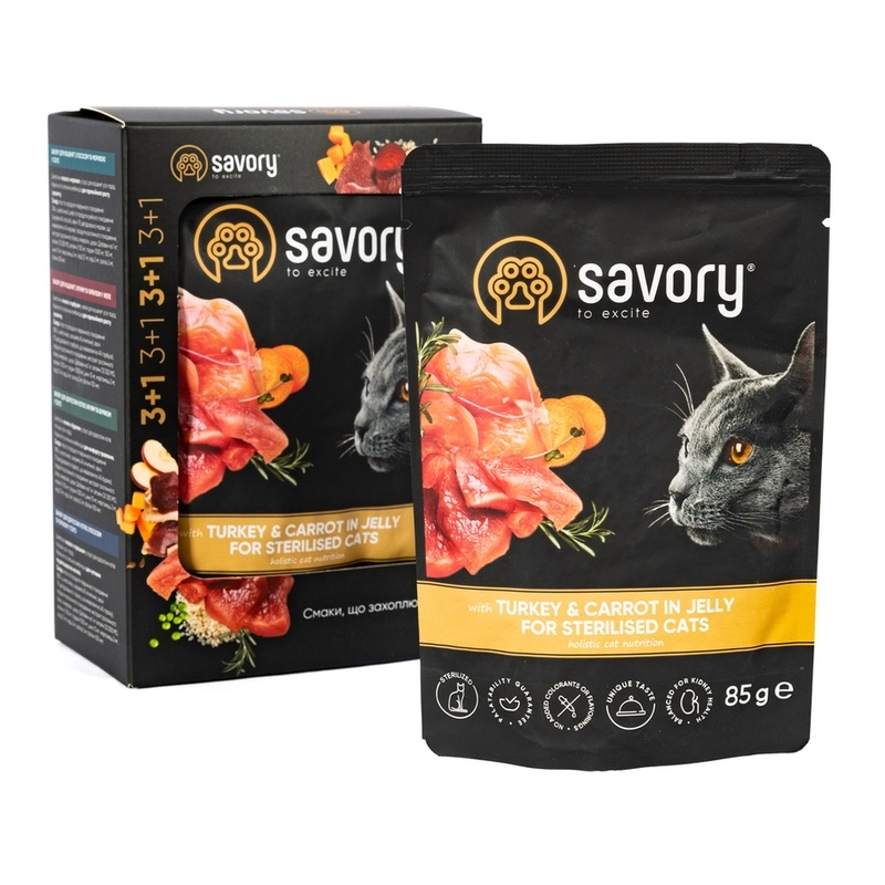 Savory Sterilised влажный корм для стерилизованных кошек 85 г - с индейкой и морковью в желе (2700000040522)  - фото 2