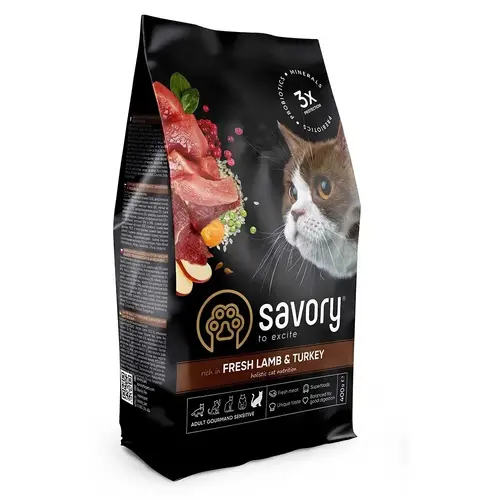 Savory Adult Sensitive Digestion сухий корм для котів з чутливим травленням 400 г - з ягням та індичкою (4820232630075)