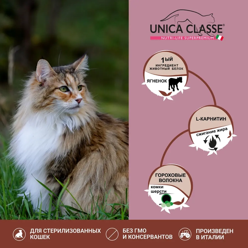 Unica Classe Hairball Control сухий корм для стерилізованих котів 1.5 кг - ягня (8001541007222)  - фото 2