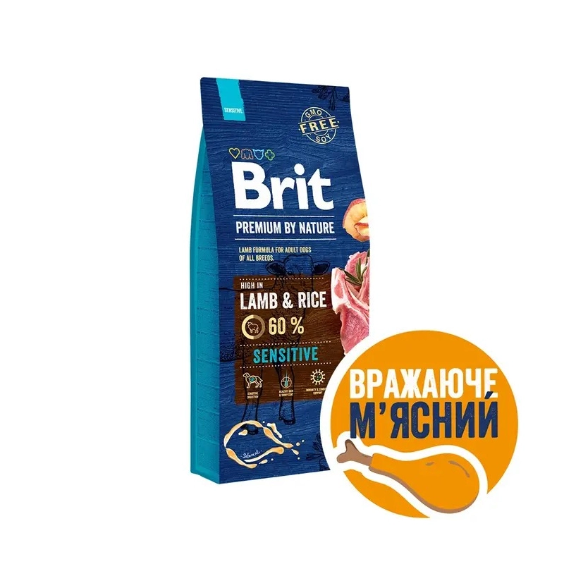 Сухий корм для собак з чутливим травленням Brit Premium Sensitive Lamb з ягням та рисом 15 кг (8595602526642) 