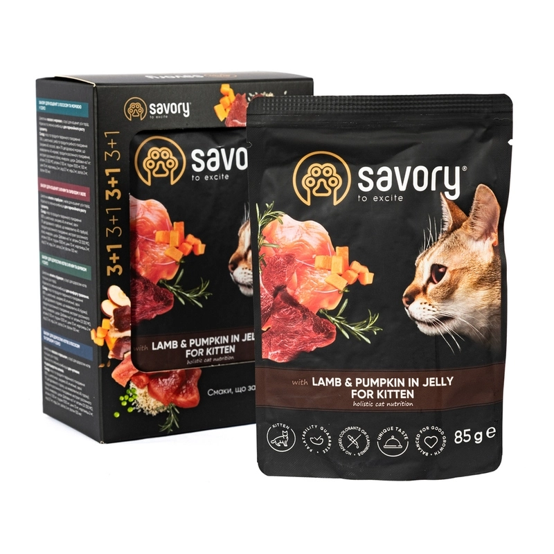 Savory Kitten 3+1 влажный корм для кошек 85 г - с бараниной и тыквой в желе (2700000032824)  - фото 2