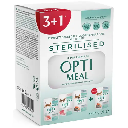 Optimeal 3+1 Sterilised ВОЛОГИЙ КОРМ Супер-преміум коти (з індичкою, яловичиною, куркою та лососем) 340 г