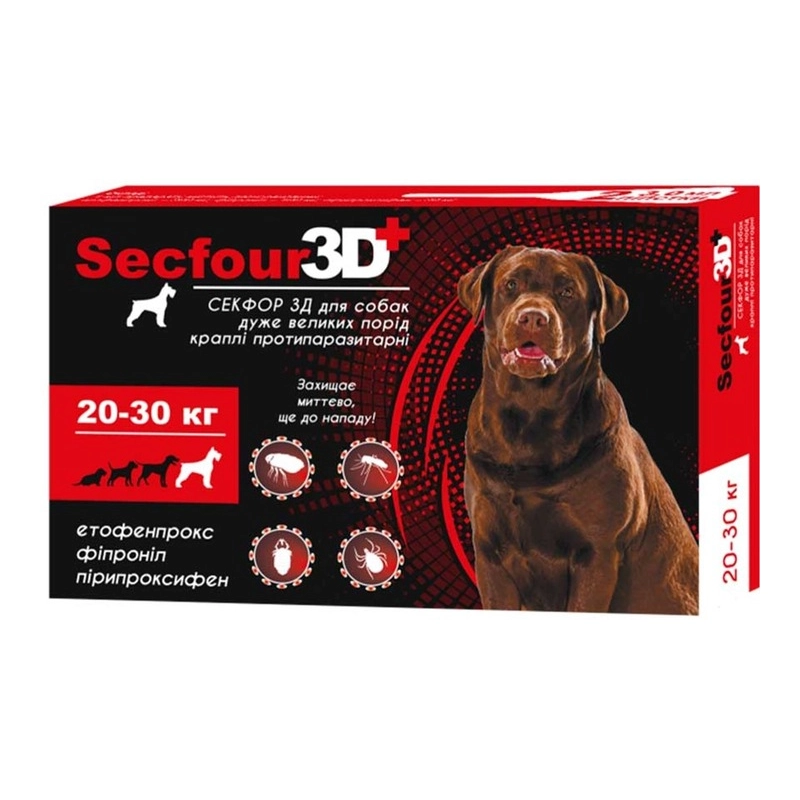 Secfour 3D краплі для собак 3 мл/1 піпетка - від бліх і кліщів, 20-30 кг (4820150207502) 