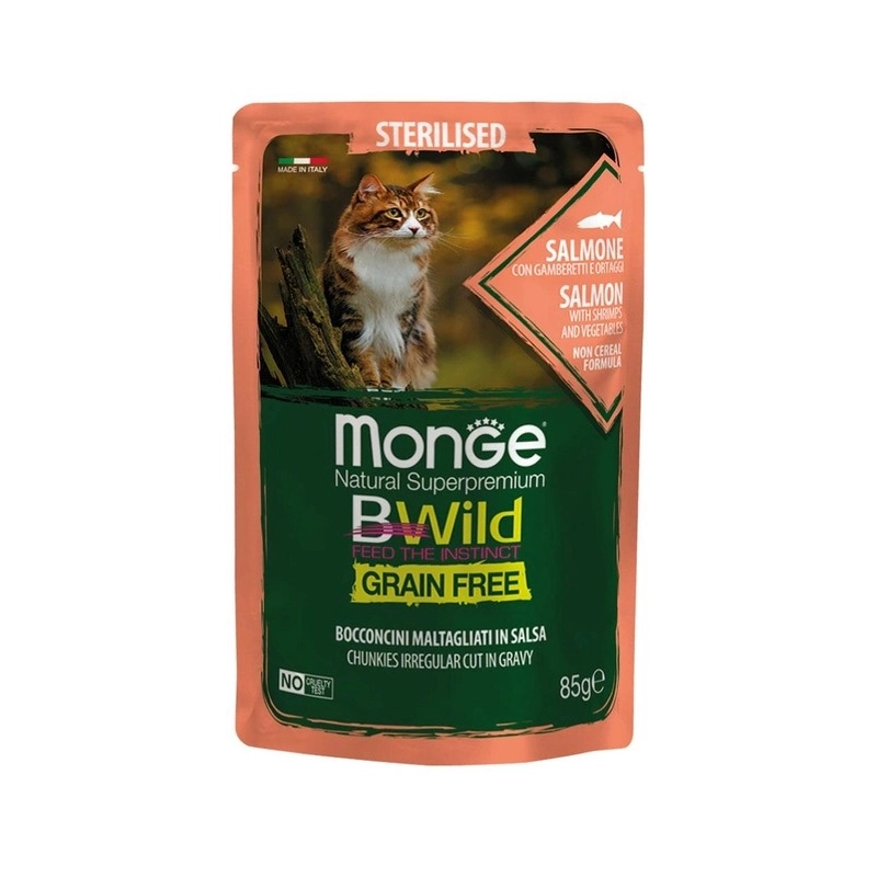 Monge Bwild Grain Free Sterilised влажный корм для стерилизованных кошек 85 г - с лососем, креветками и овощами (8009470012782) 