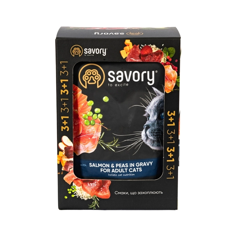 Savory 3+1 For Adult Cats ВОЛОГИЙ КОРМ Холістік коти (з лососем та горохом) 85 г  - фото 1