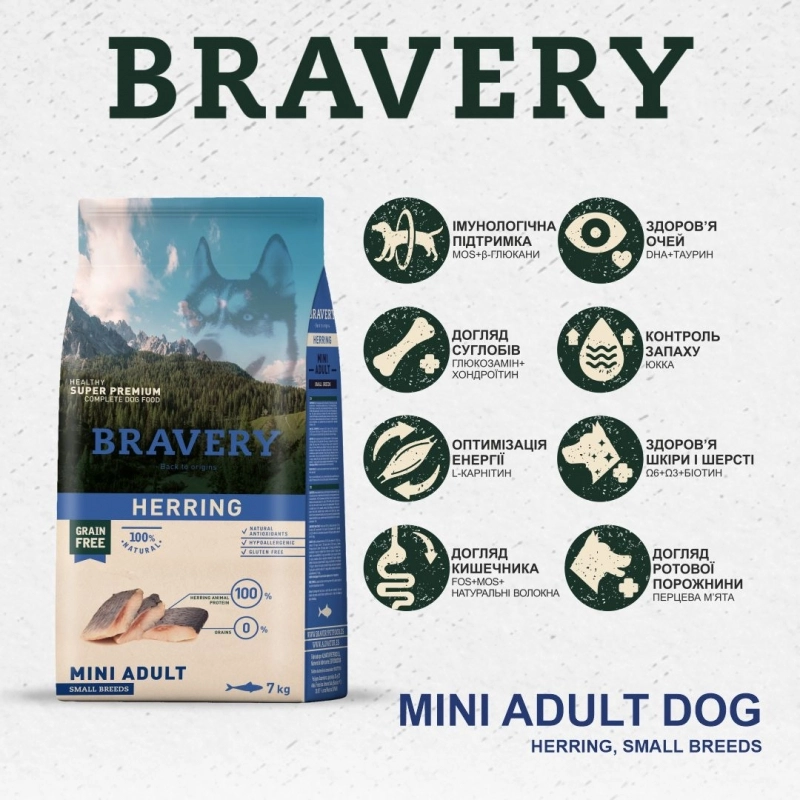 BRAVERY Grayn FREE HERRING MINI ADULT Small Breeds СУХИЙ КОРМ Холістік собаки дрібних порід (з оселедцем) 2 кг  - фото 3