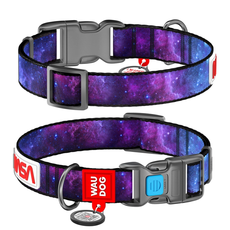 WAUDOG Nylon нашийник для собак M - з QR паспортом, з малюнком NASA21, нейлоновий, блакитний (4823089312156) 
