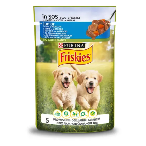Friskies Junior влажный корм для щенков 85 г - с курицей и морковью в подливе (8445290751065)