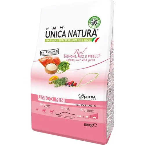 Unica Natura UNICO MINI Salmon, Rice and Peas СУХИЙ КОРМ Холістік собаки дрібних порід (з лососем, рисом та горохом) 800 г